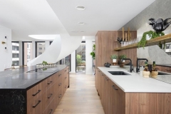 Antique mirror bar back with floating wood shelves